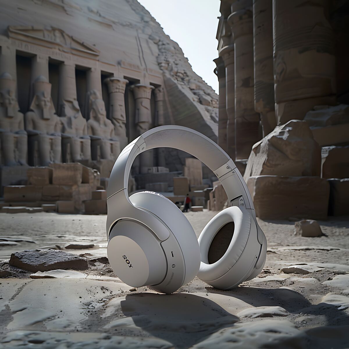 Headphones resting against ancient stone ruins